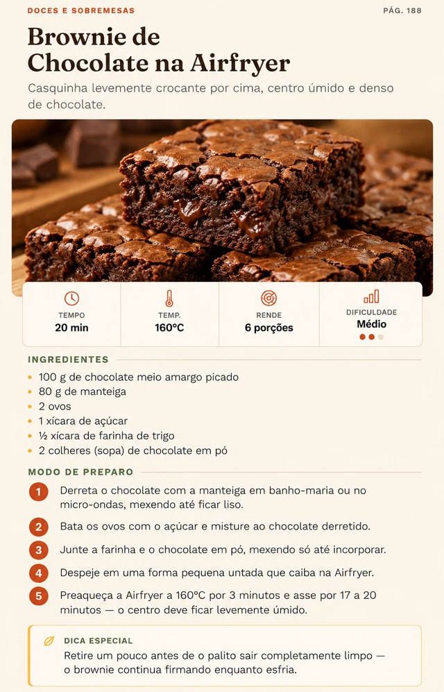 Página completa do ebook: Brownie de Chocolate na Airfryer, com foto, tempo, temperatura, rendimento, ingredientes e modo de preparo.