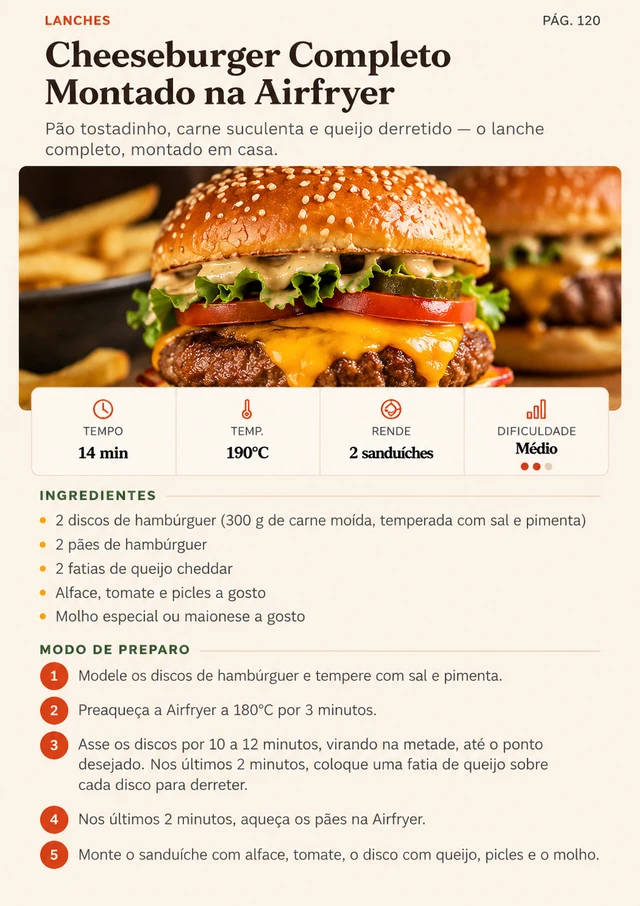 Página completa do ebook: Cheeseburger Completo Montado na Airfryer, com foto, tempo, temperatura, rendimento, ingredientes e modo de preparo.