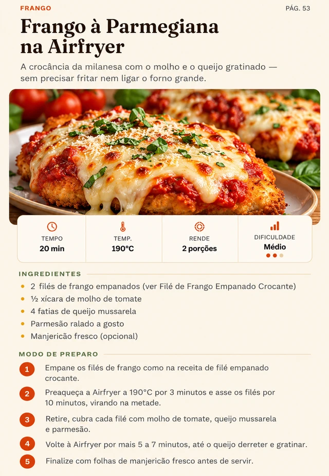 Página completa do ebook: Frango à Parmegiana na Airfryer, com foto, tempo, temperatura, rendimento, ingredientes e modo de preparo.