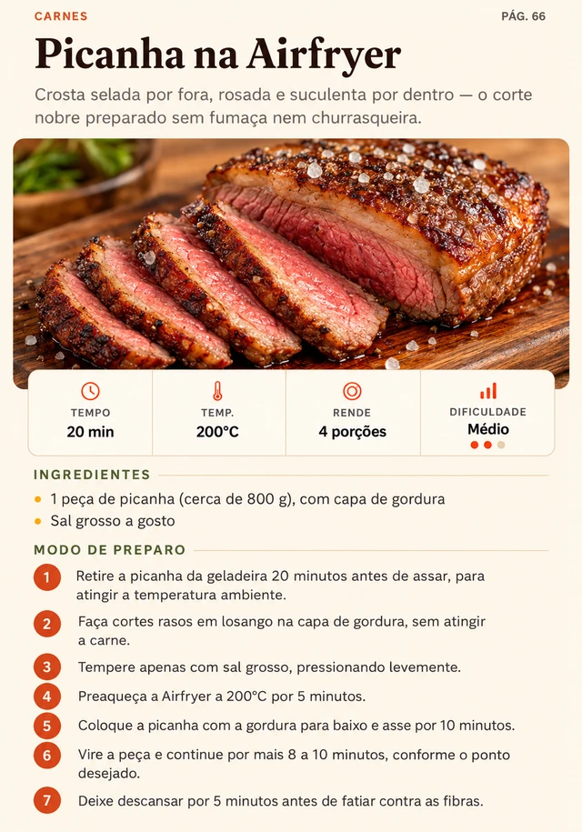 Página completa do ebook: Picanha na Airfryer, com foto, tempo, temperatura, rendimento, ingredientes e modo de preparo.