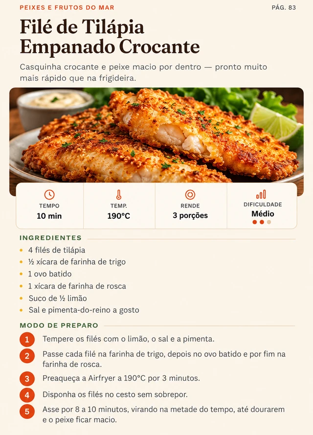Página completa do ebook: Filé de Tilápia Empanado Crocante, com foto, tempo, temperatura, rendimento, ingredientes e modo de preparo.