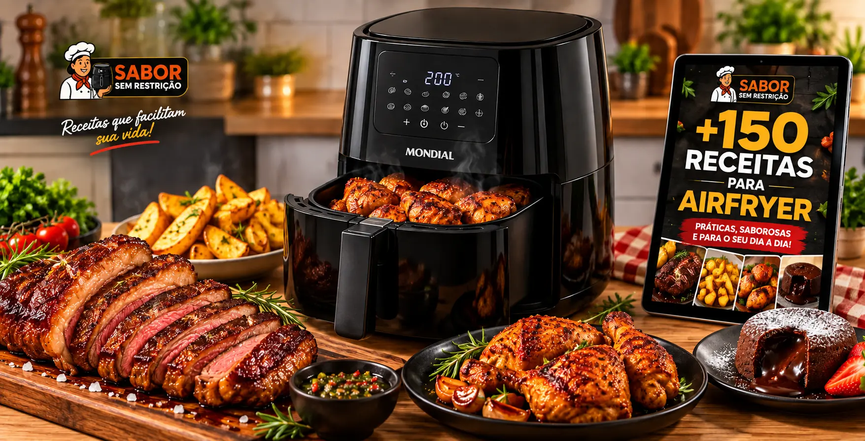 Sabor Sem Restrição: Airfryer, tablet com +150 receitas, picanha, frango e sobremesa de chocolate